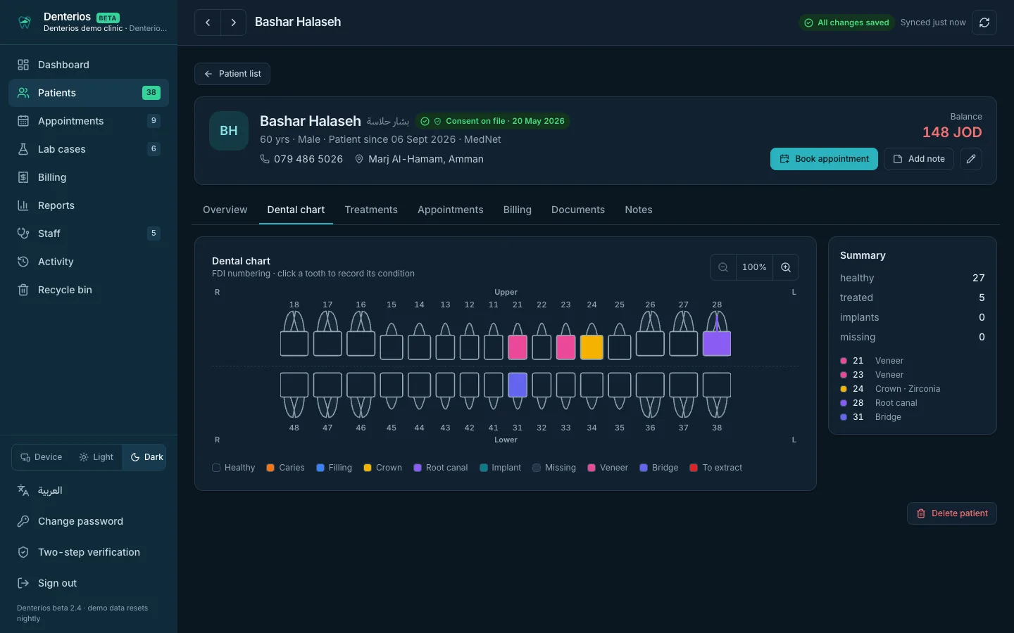Interactive tooth chart for one patient, FDI numbering